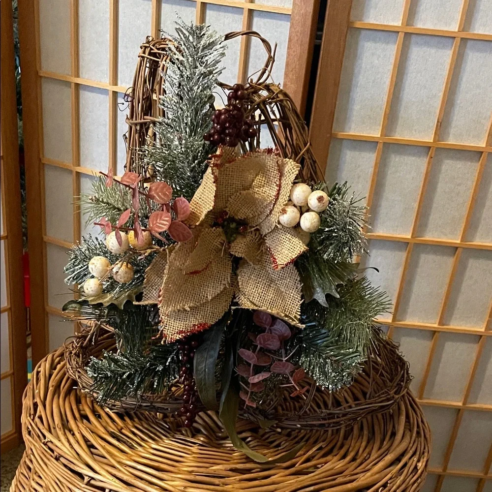 Festive Burlap and Wood Wicker Holiday Bell Decoration